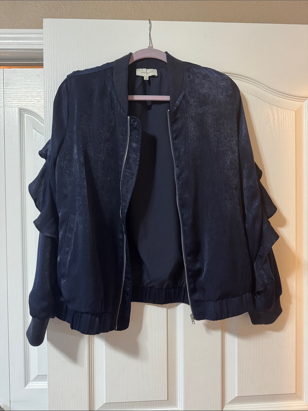 Skies Are Blue Navy Satin Ruffle-Sleeve Bomber Jacket